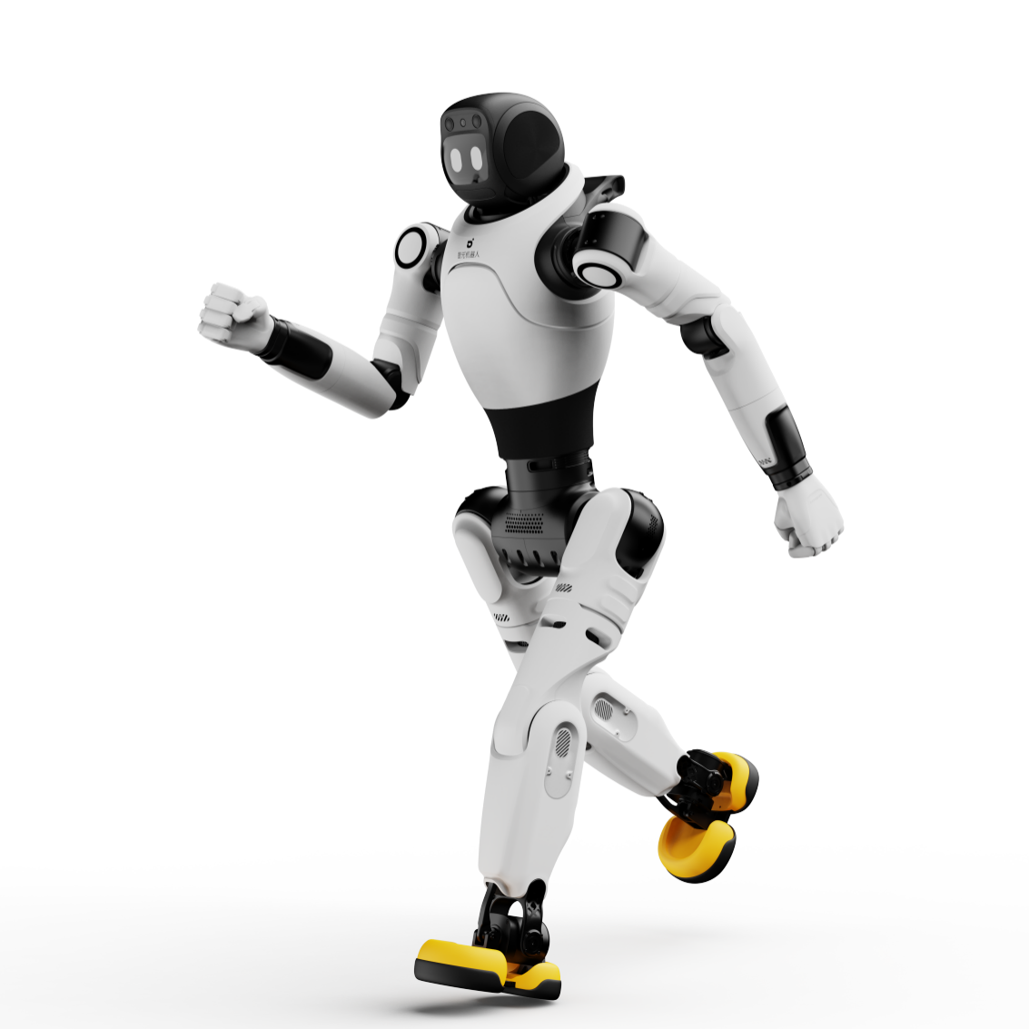 AGIBOT X2 compact humanoid robot with a black face display and yellow feet